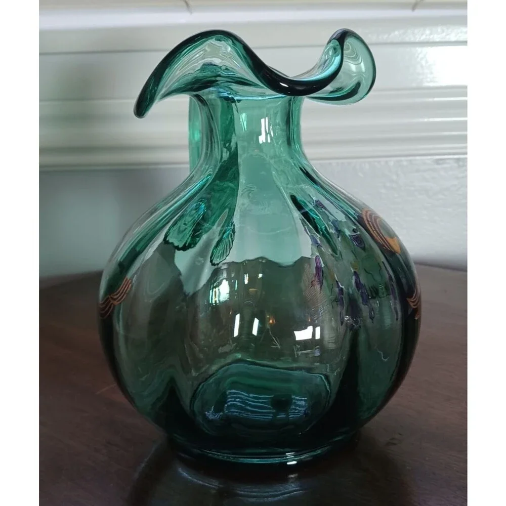 Fenton Seafoam Green Pitcher Floral Art Glass 7